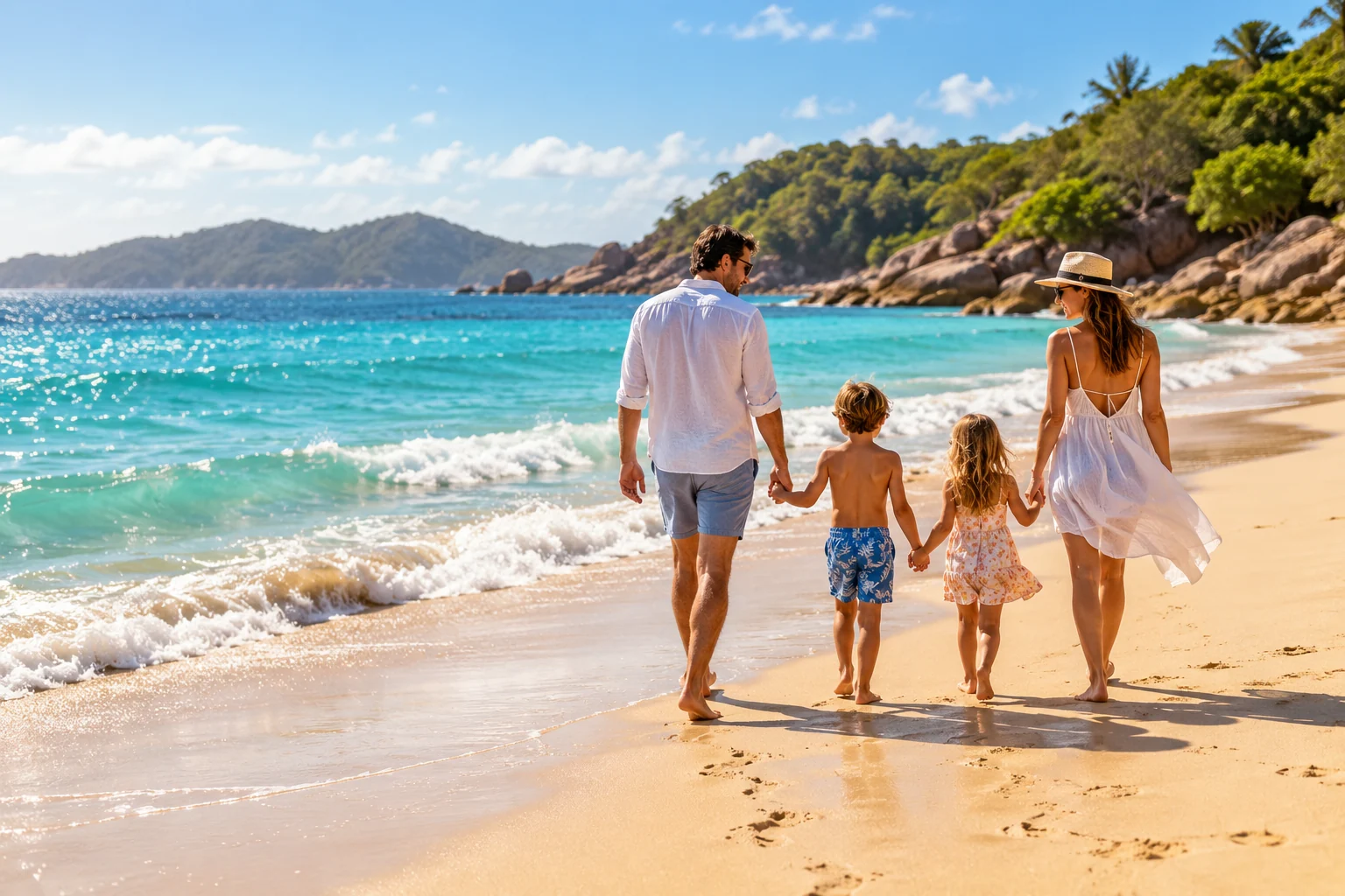 Cena ilustrativa de uma família caminhando na praia, criada com IA